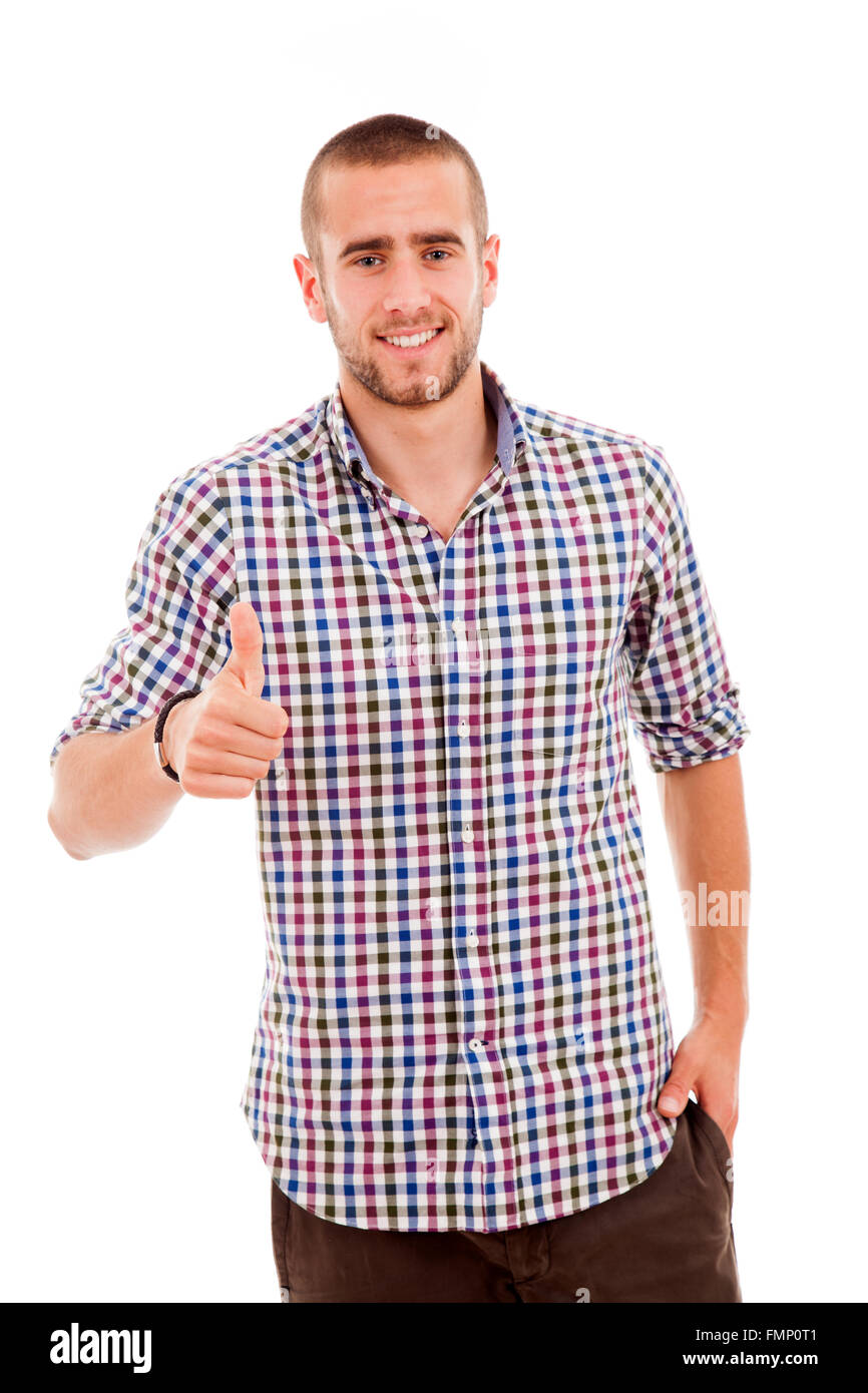 Happy young casual man thumbs up, isolated on white Stock Photo