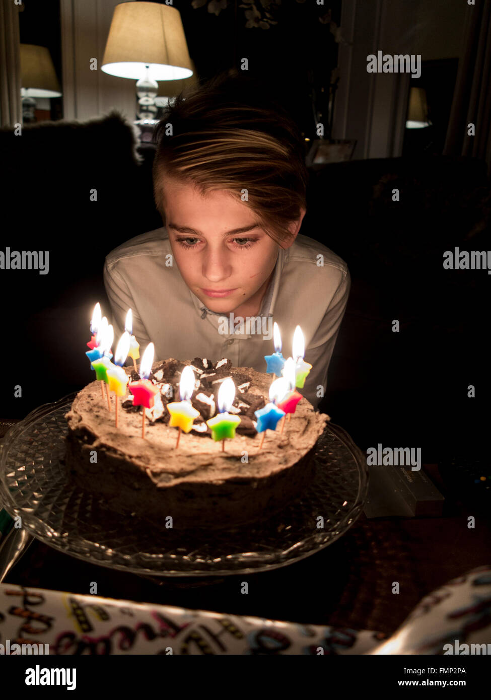 A boy blows out his birthday cake candles Stock Photo Alamy