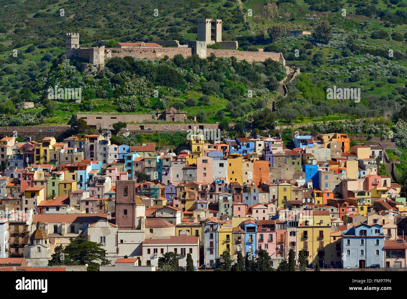 Cityscape with Castello Malaspina castle, Bosa, Sardinia, Italy Stock Photo