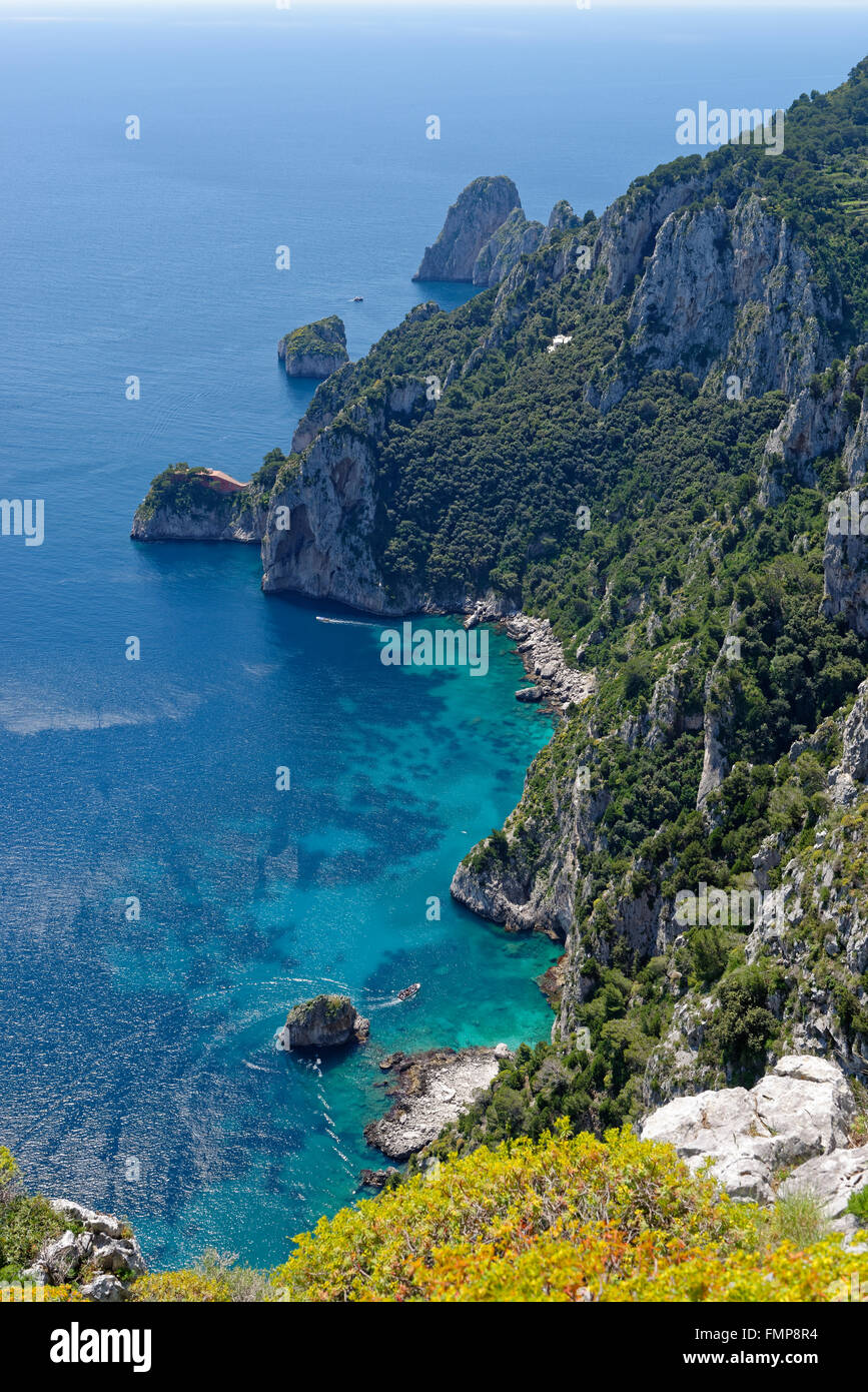 View from the park on cliff with Faraglioni rocks, Villa Astarita, Island of Capri, Gulf of Naples, Campania, Italy Stock Photo
