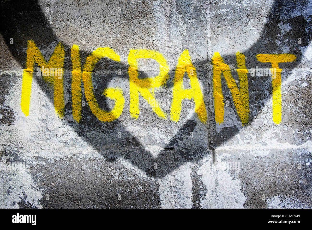 Graffiti on migration, a heart for refugees, Welcome symbol Stock Photo
