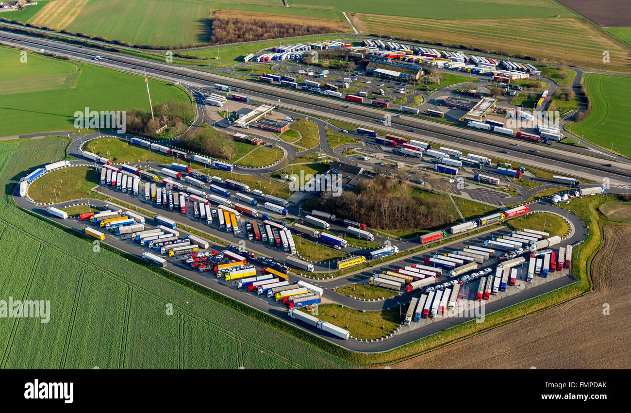 Aerial view, Aachener Land motorway service area with full parking lot, trucks parking, herringbone, Eschweiler, Rhineland Stock Photo