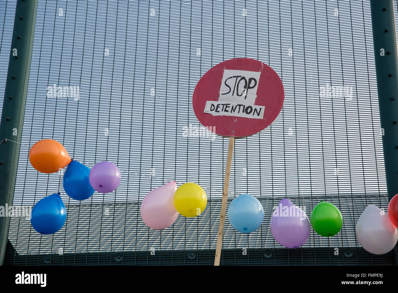 Milton Ernest, UK. 12th March, 2016. A 'Stop Detention' sign in front ...