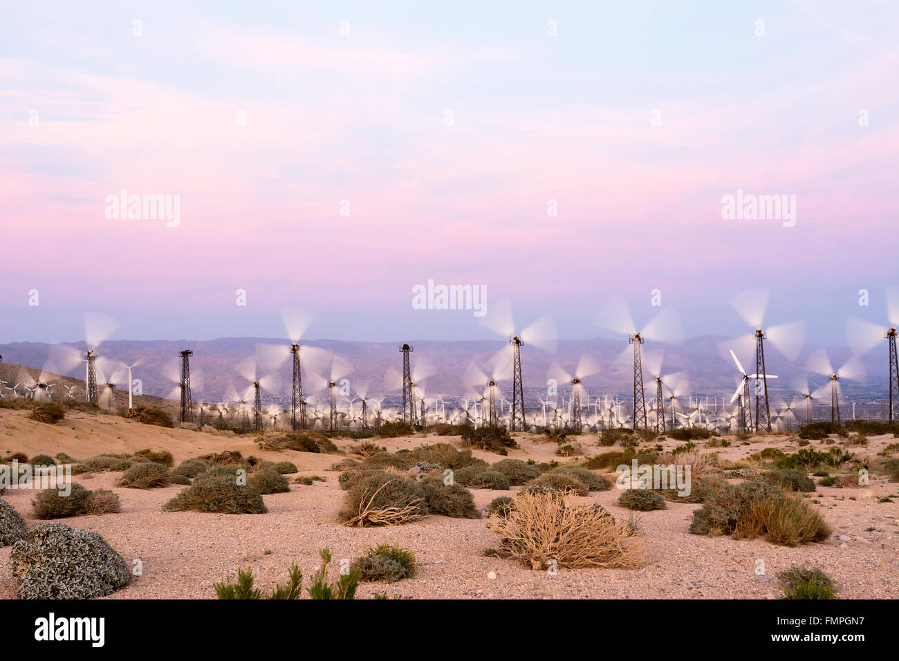 Renewable energy windmills line the mountaintops of Palm Springs during