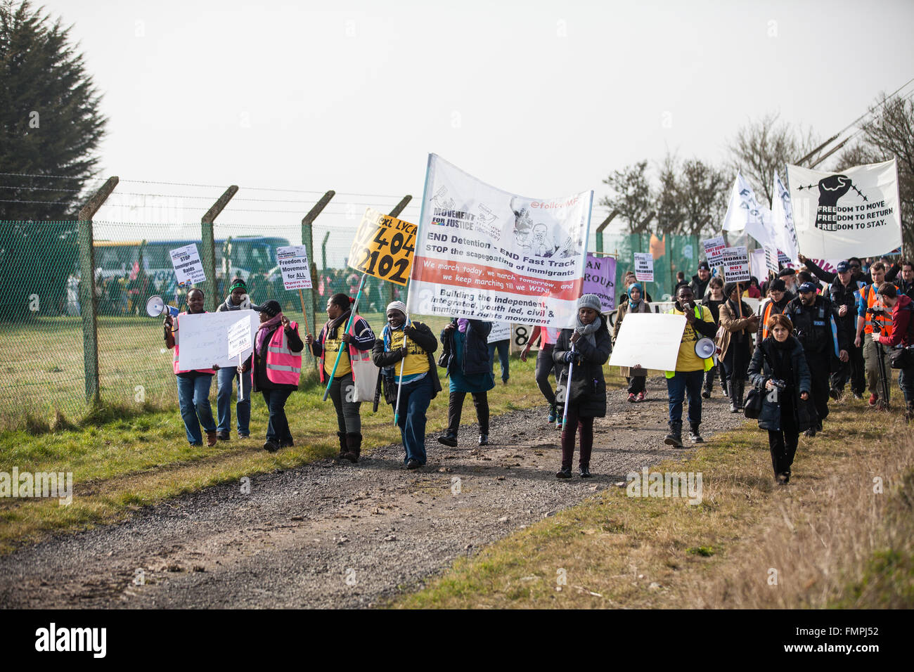 Milton Ernest, UK. 12th March, 2016. Campaigners arrive at Yarl’s Wood Immigration Removal Centre in Bedfordshire for a protest against immigration detention. Credit:  Mark Kerrison/Alamy Live News Stock Photo