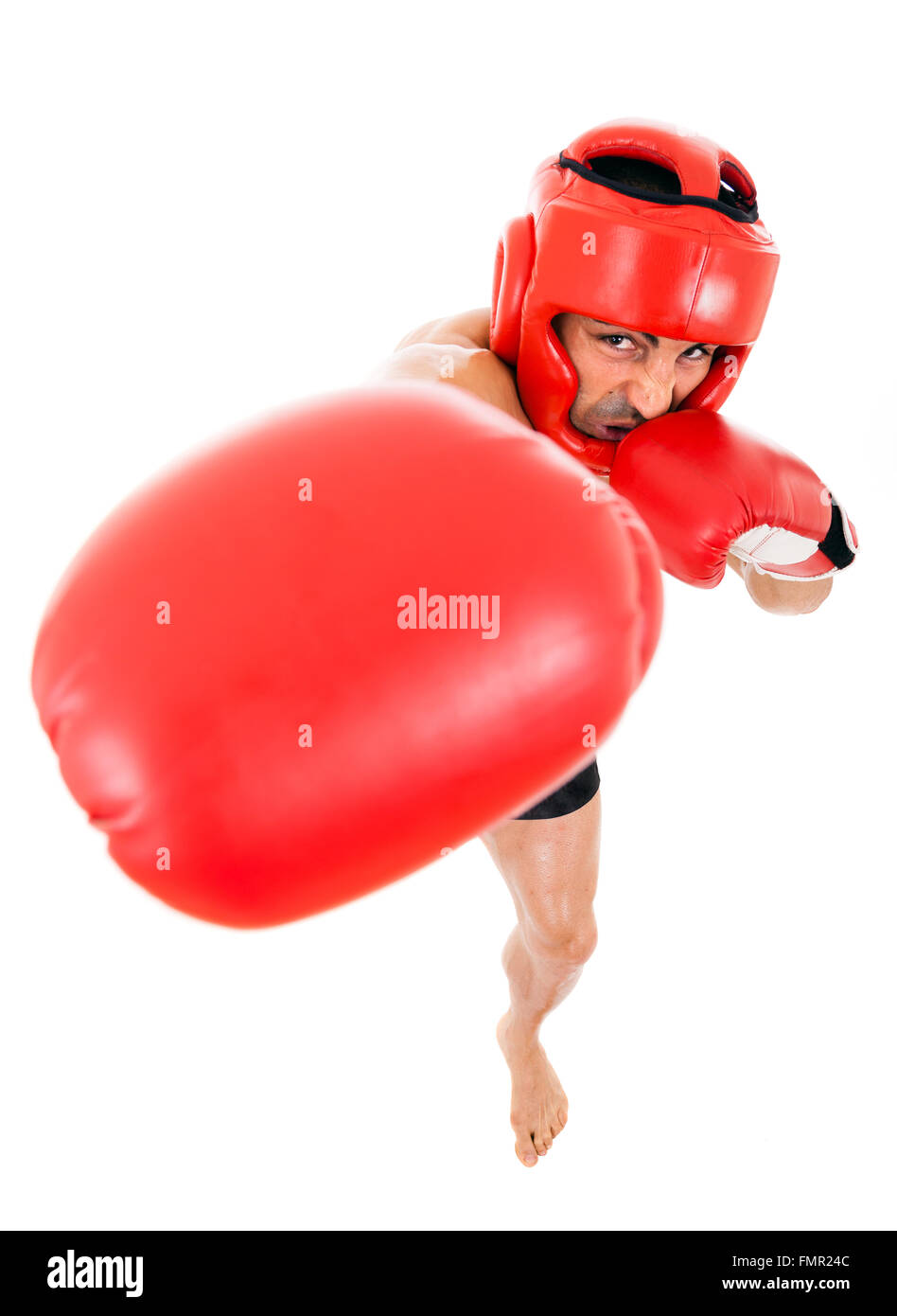 Top view of young Boxer fighter with boxing helmet and gloves over
