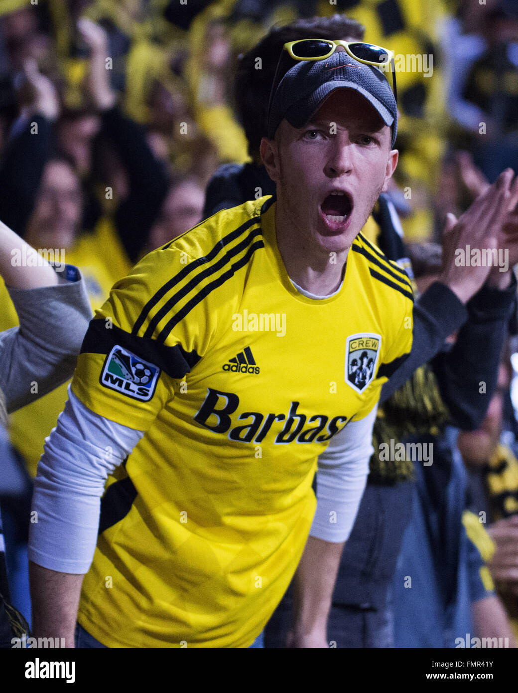Columbus, Ohio, USA. 12th March, 2016. A Columbus Crew fan cheers his team on in the game against Philadelphia at Mapfre Stadium. Columbus, Ohio, USA Credit:  Brent Clark/Alamy Live News Stock Photo