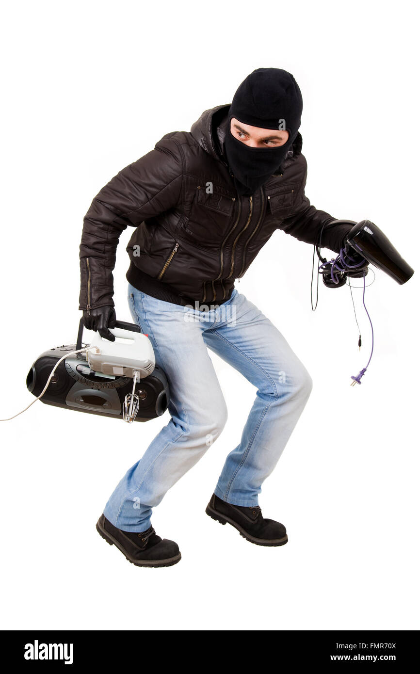 Thief with goods, isolated on white Stock Photo