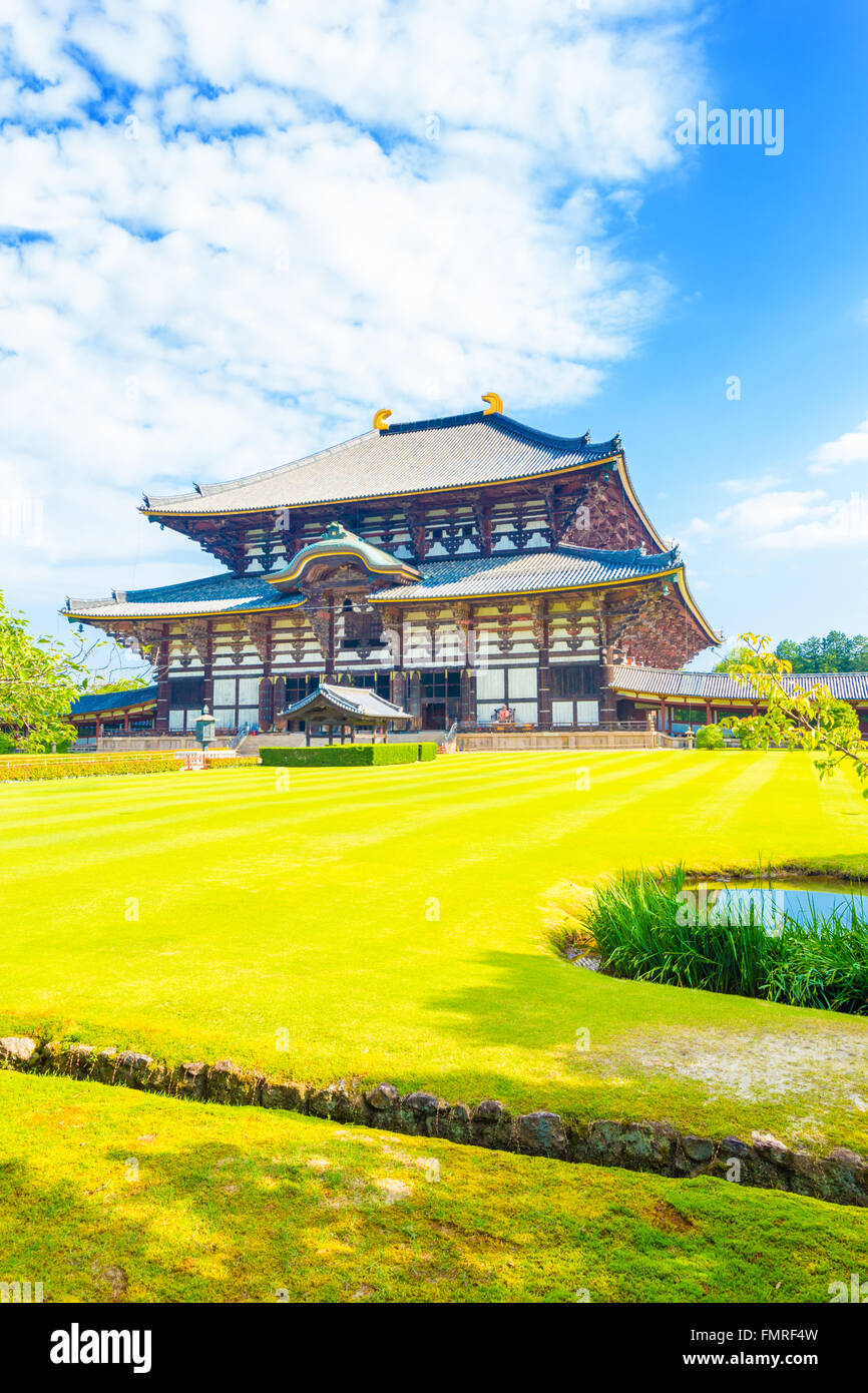 Green grass in the wide lawn in front of entrance facade on grounds of main Great Buddha Hall, Daibutsuden, on a beautiful, blue Stock Photo