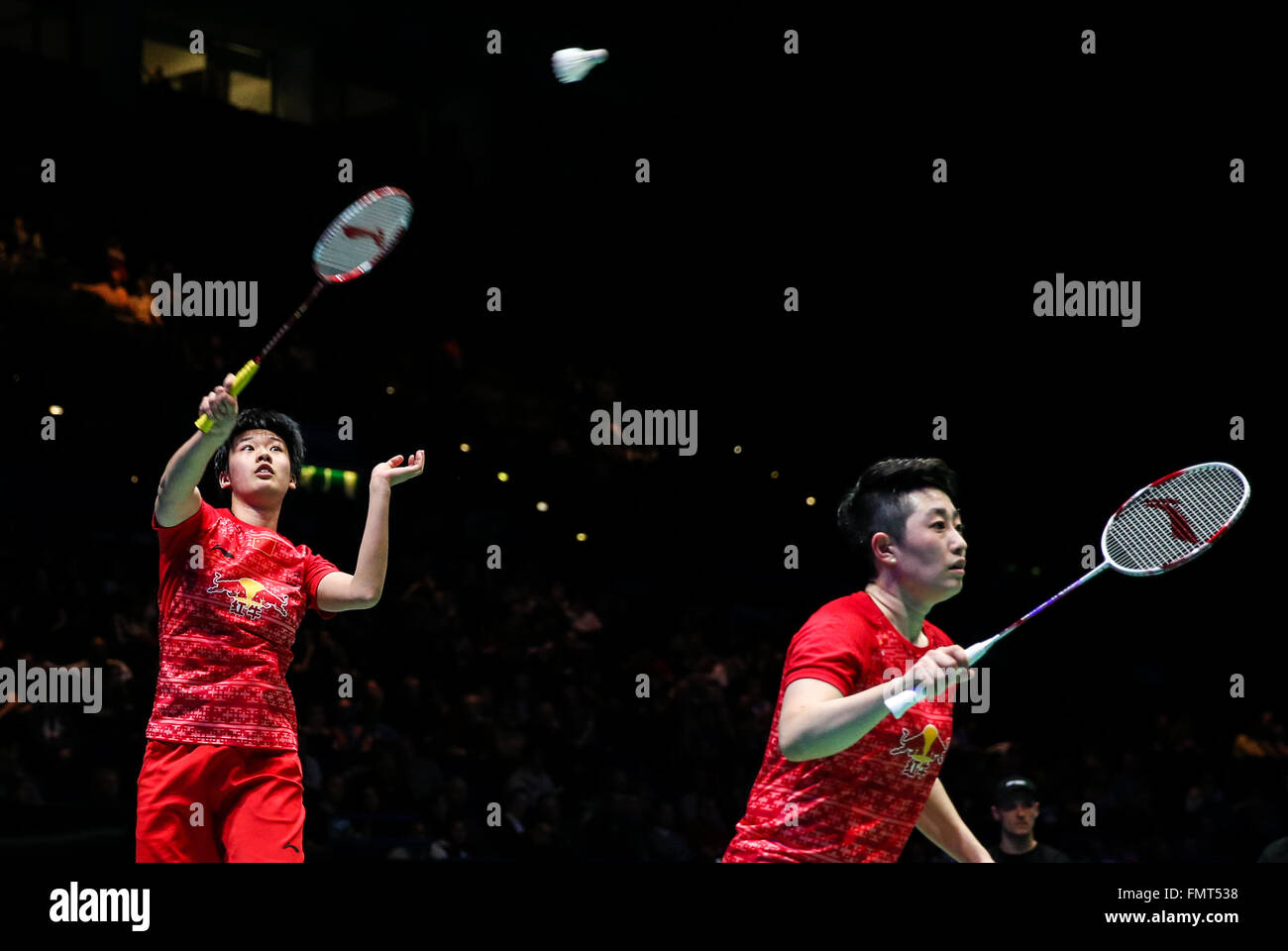 Birmingham. 12th Mar, 2016. Yu Yang (R) and Tang Yuanting of China ...