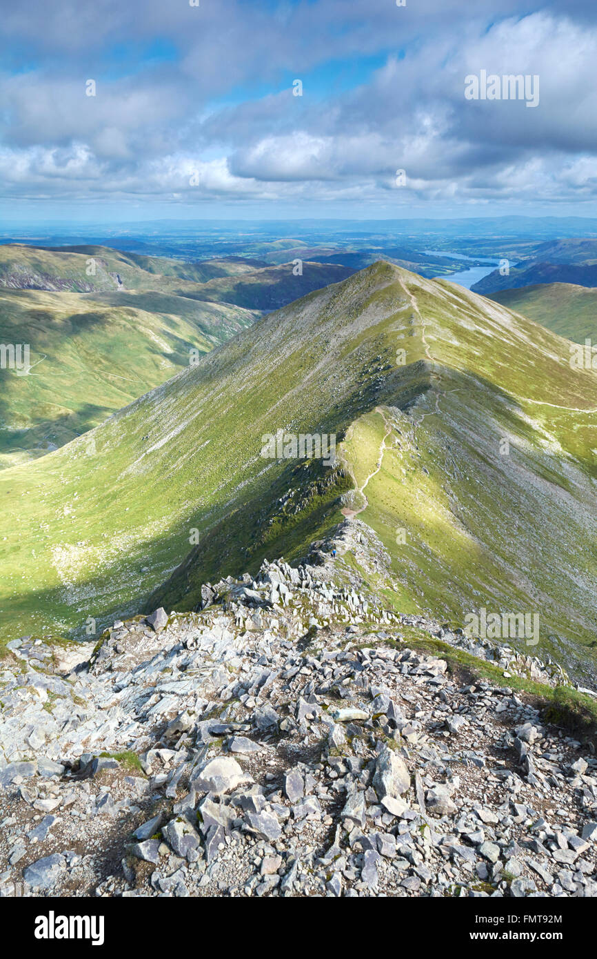 View from Hellvellyn Summit down Swirral Edge - Lake District, England, UK Stock Photo