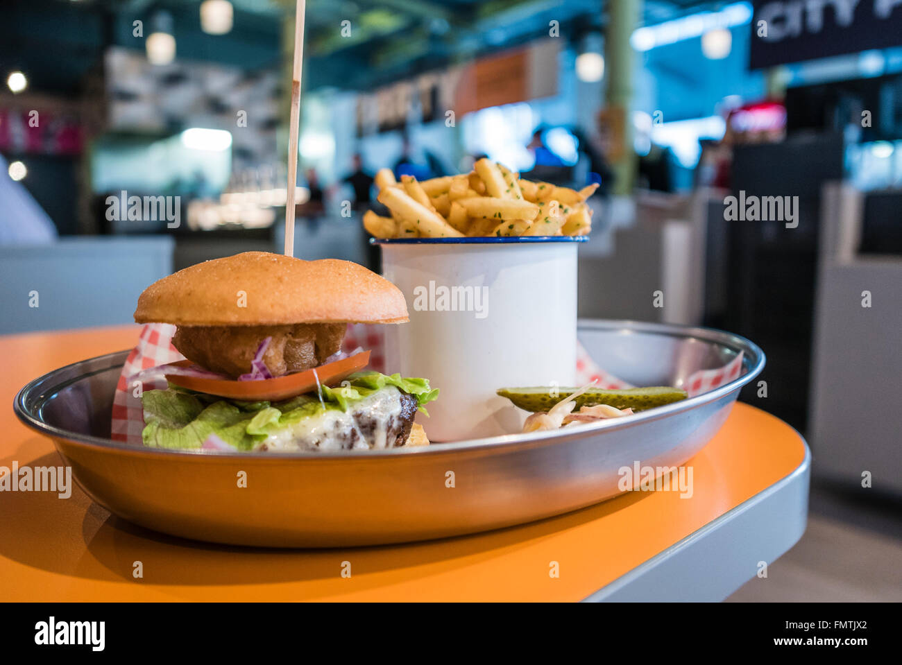 Gluten Free hamburger with chips from a burger shop in Belfast. Stock Photo
