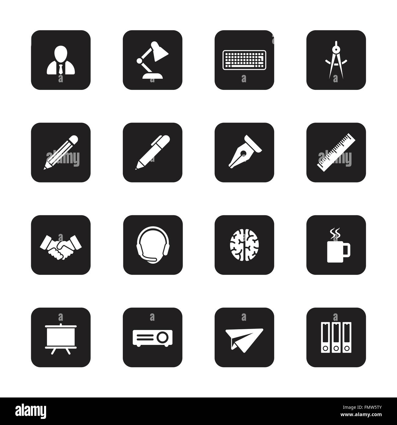 [EPS10] black flat business and office icon set on rounded rectangle ...