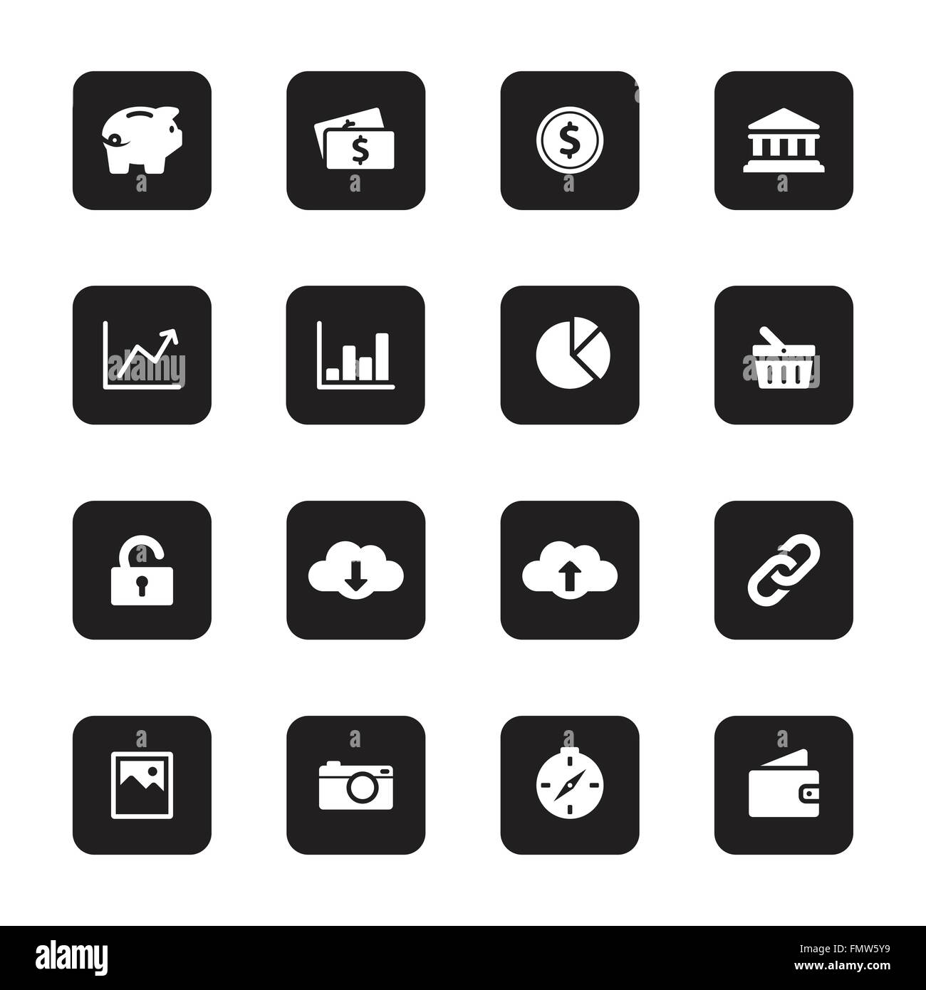 [EPS10] black flat finance and technology icon set on rounded rectangle ...