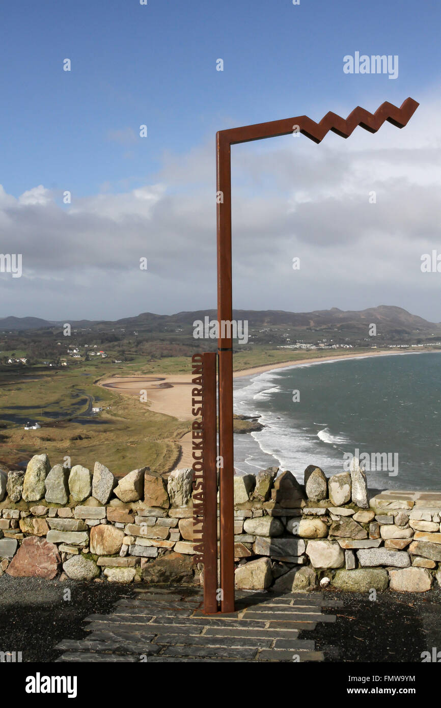 Ballymastocker Strand and Wild Atlantic Way marker at Knockalla, County Donegal, Ireland. Stock Photo
