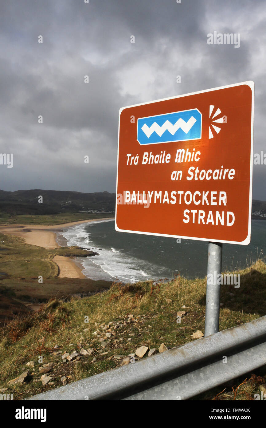 Ballymastocker Strand and Wild Atlantic Way sign at Knockalla, County Donegal, Ireland. Stock Photo