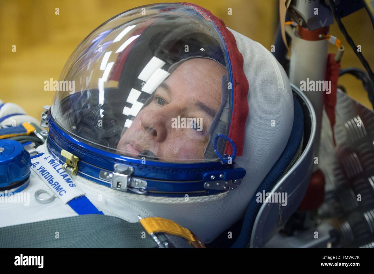 International Space Station Expedition 47 astronaut Jeff Williams of NASA during the leak check of his Sokol launch suit at the Baikonur Cosmodrome March 4, 2016 in Kazakhstan. The crew are scheduled to launch on a six-month mission to the station on March 19th. Stock Photo