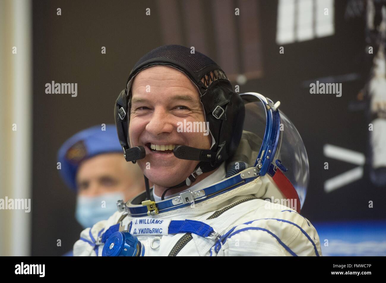 International Space Station Expedition 47 astronaut Jeff Williams of NASA during the leak check of his Sokol launch suit at the Baikonur Cosmodrome March 4, 2016 in Kazakhstan. The crew are scheduled to launch on a six-month mission to the station on March 19th. Stock Photo