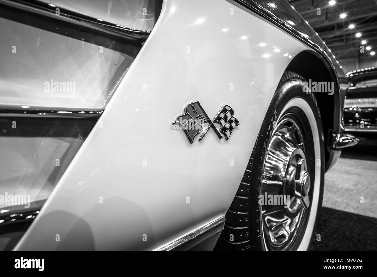 Detail of a sports car Chevrolet Corvette (C1), 1960. Black and white. Stock Photo