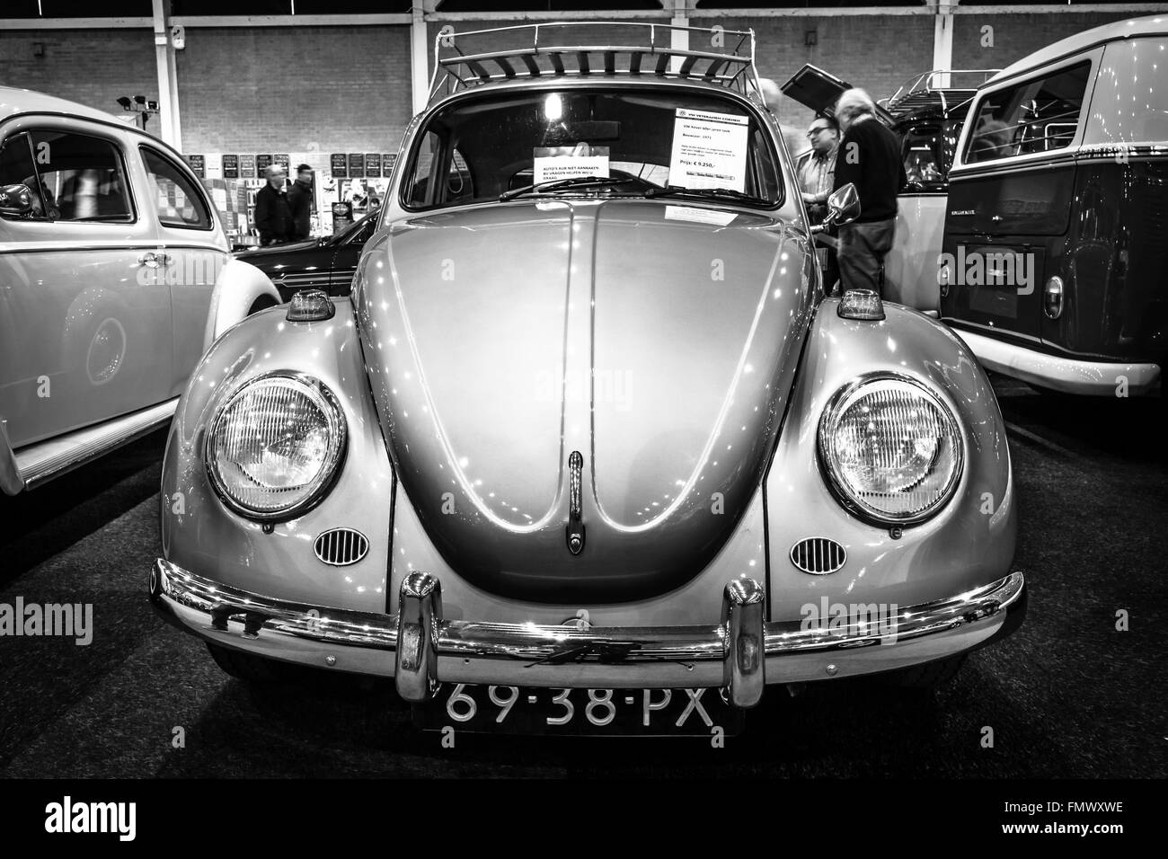 Subcompact Volkswagen Beetle, 1971. Black and white. Stock Photo