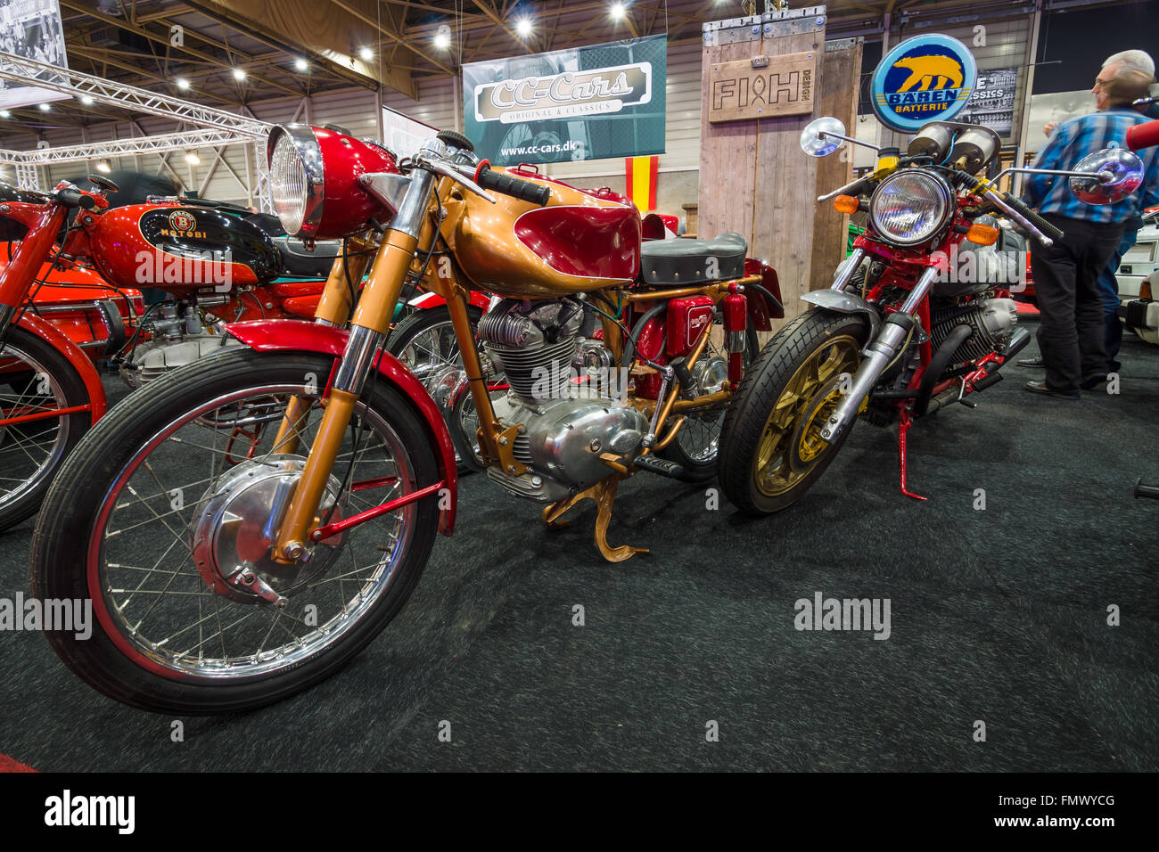 Retro motorcycles Ducati 175 (foreground) and the Moto Guzzi (background). Stock Photo