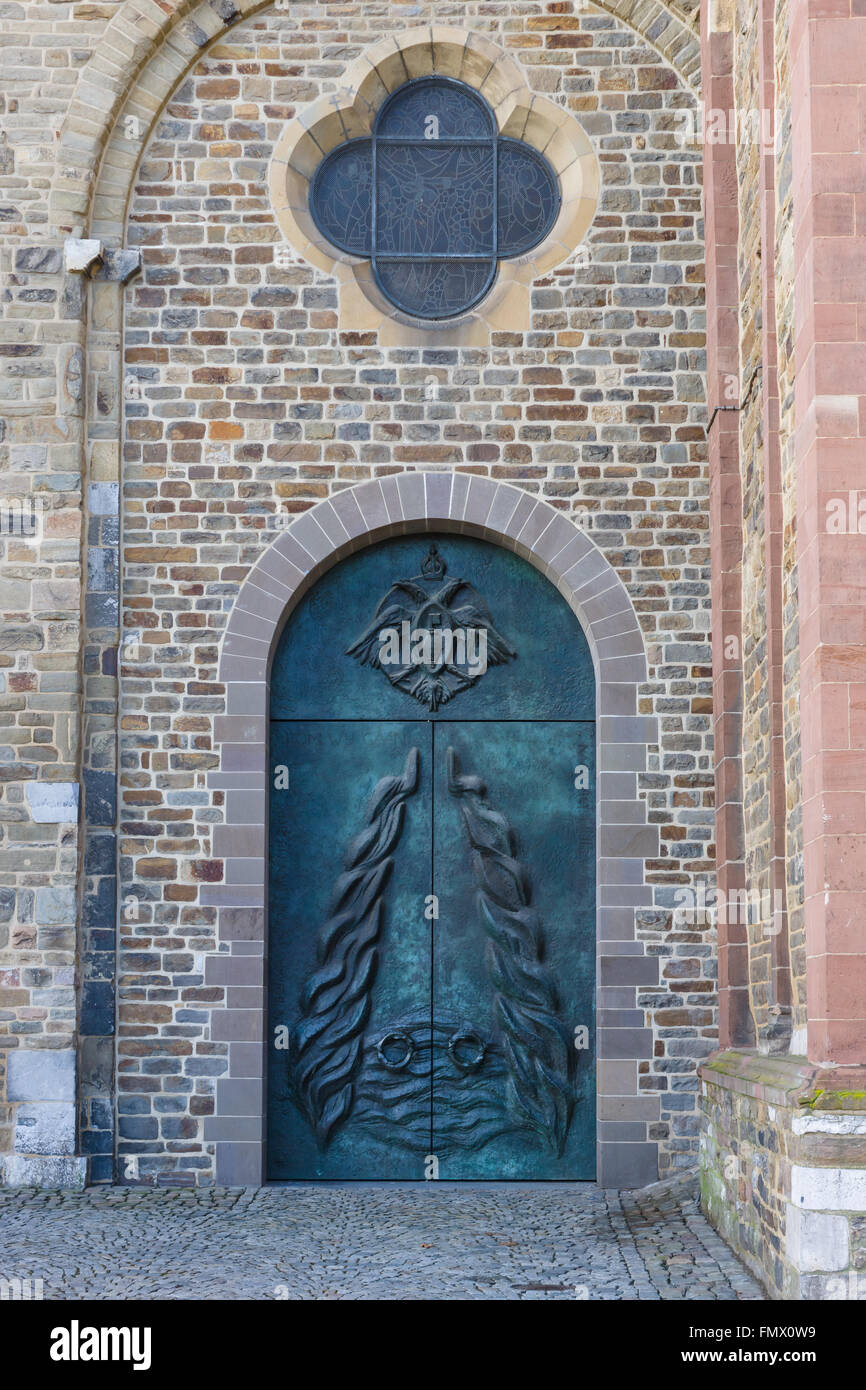 The Netherands. Maastricht. Vrijthof square. Gate of Basilica of Saint Servatius. It was built around the year 1000 AD. Stock Photo