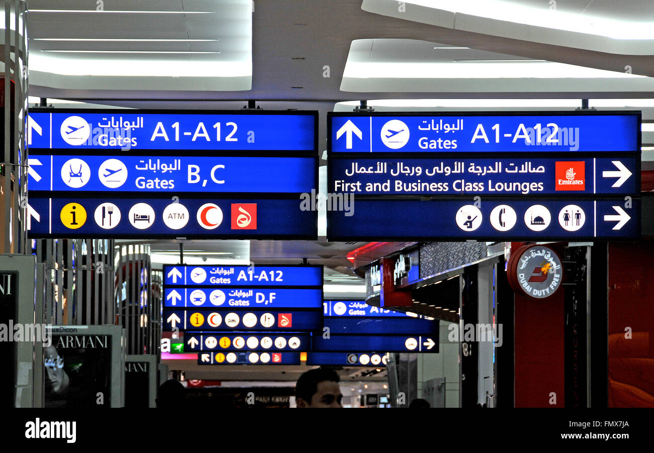 Informations signs in terminal of international airport Dubai UAE Stock Photo
