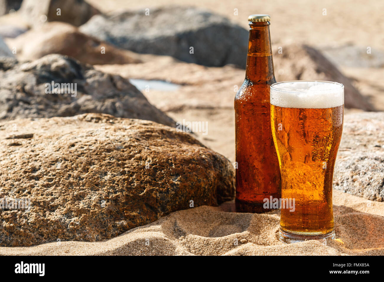 Object photo. Cold beer in brown bottle with drinking glass on the beautiful sandy beach. Concepts of vacation and summer holidays Stock Photo - Alamy Object photo. Cold beer in brown bottle with drinking glass on the beautiful sandy beach. Concepts of vacation and summer holidays Stock Photo - Alamy