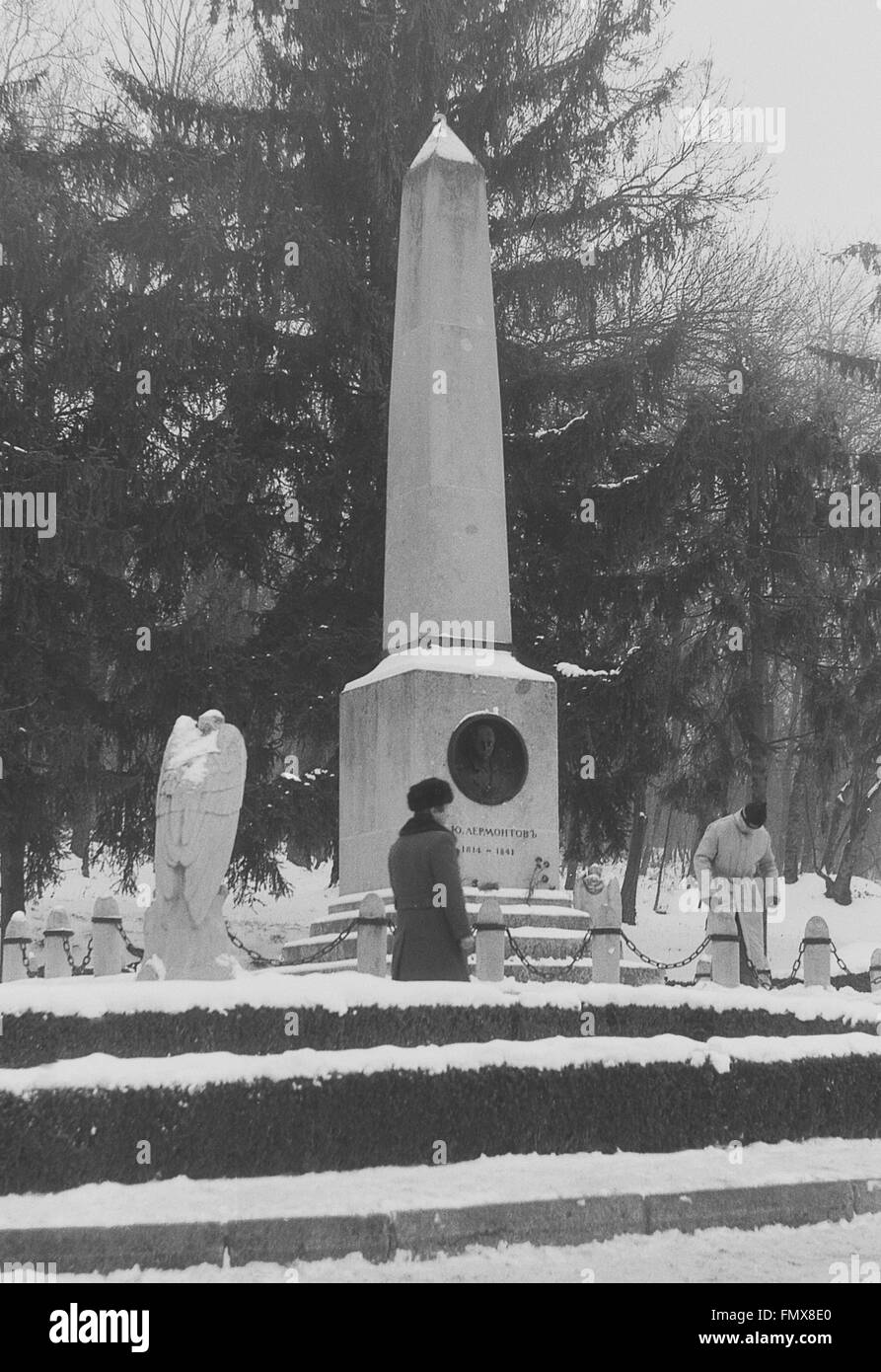 The monument marks the place of Lermontov's duel. Pyatigorsk. North Caucasus. Black and white. Scan film. The USSR, circa 1989 Stock Photo
