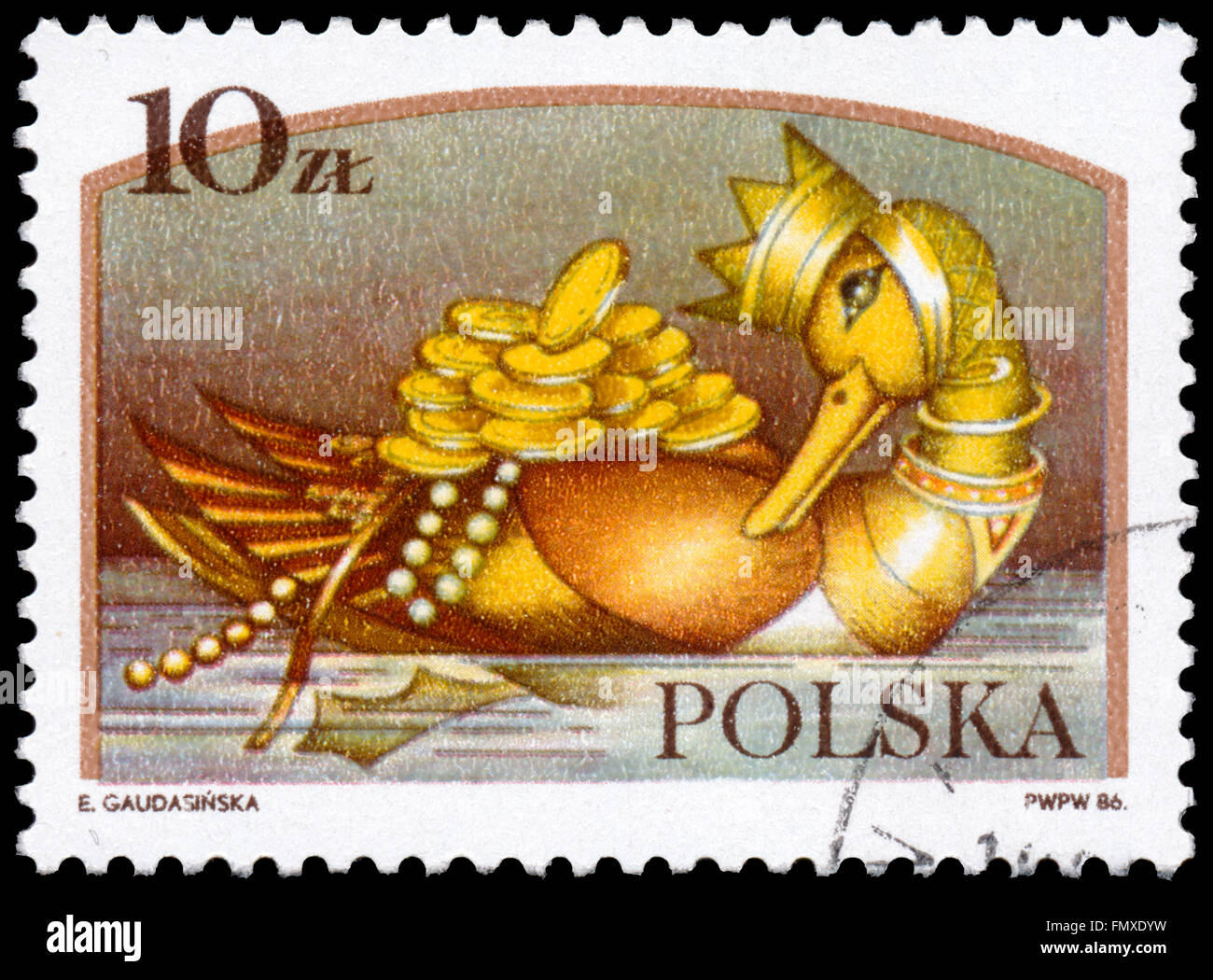 BUDAPEST, HUNGARY - 12 march 2016:  a post stamp printed in Poland showsthe golden Duck, the series 'Polish legends', circa 1986 Stock Photo