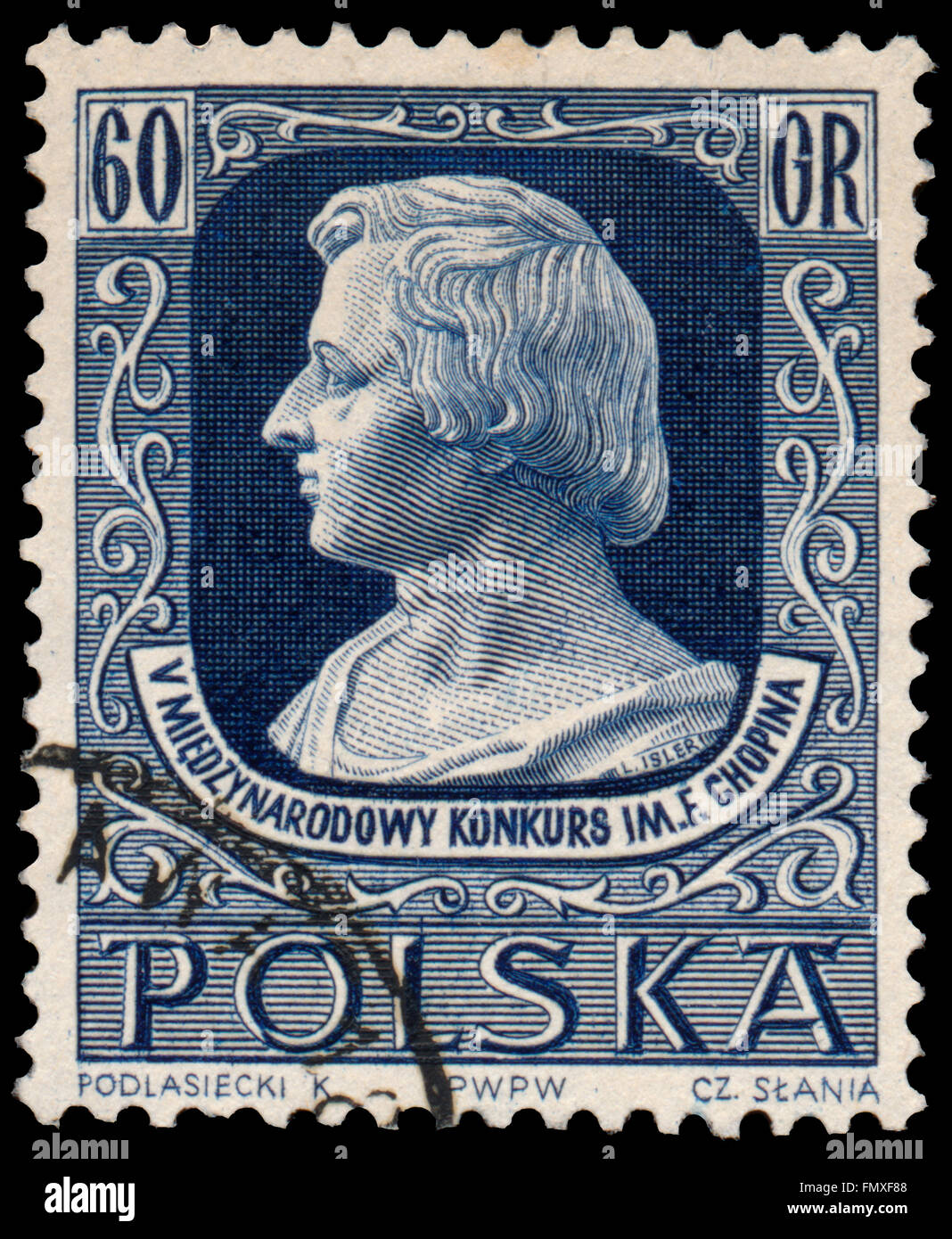 BUDAPEST, HUNGARY - 12 march 2016: a stamp printed by Poland shows image portrait of famous Polish musician and composer Frederi Stock Photo