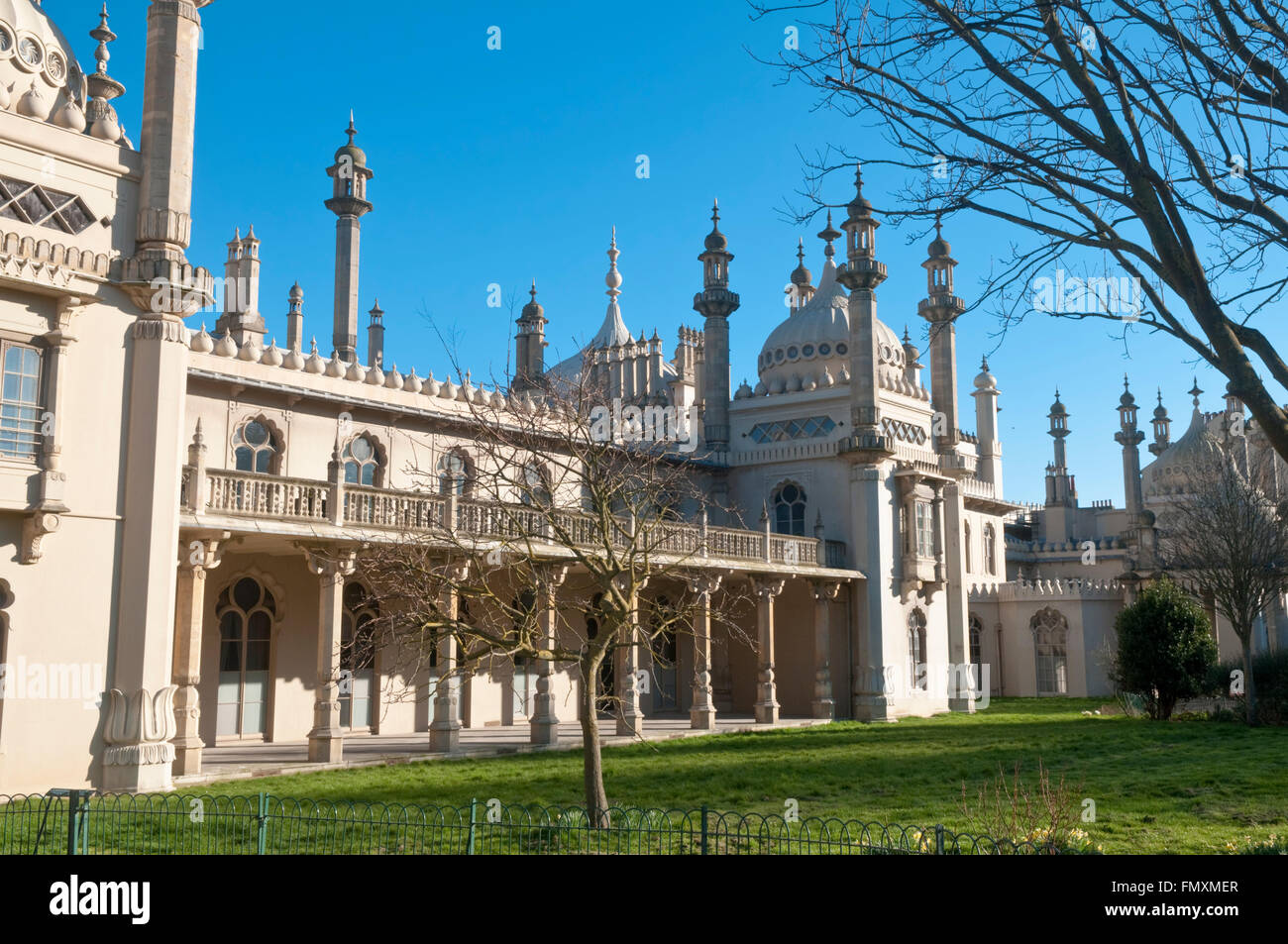 Detail of the columns, towers and domes on the north side of the Royal Pavilion in Brighton, East Sussex, England Stock Photo