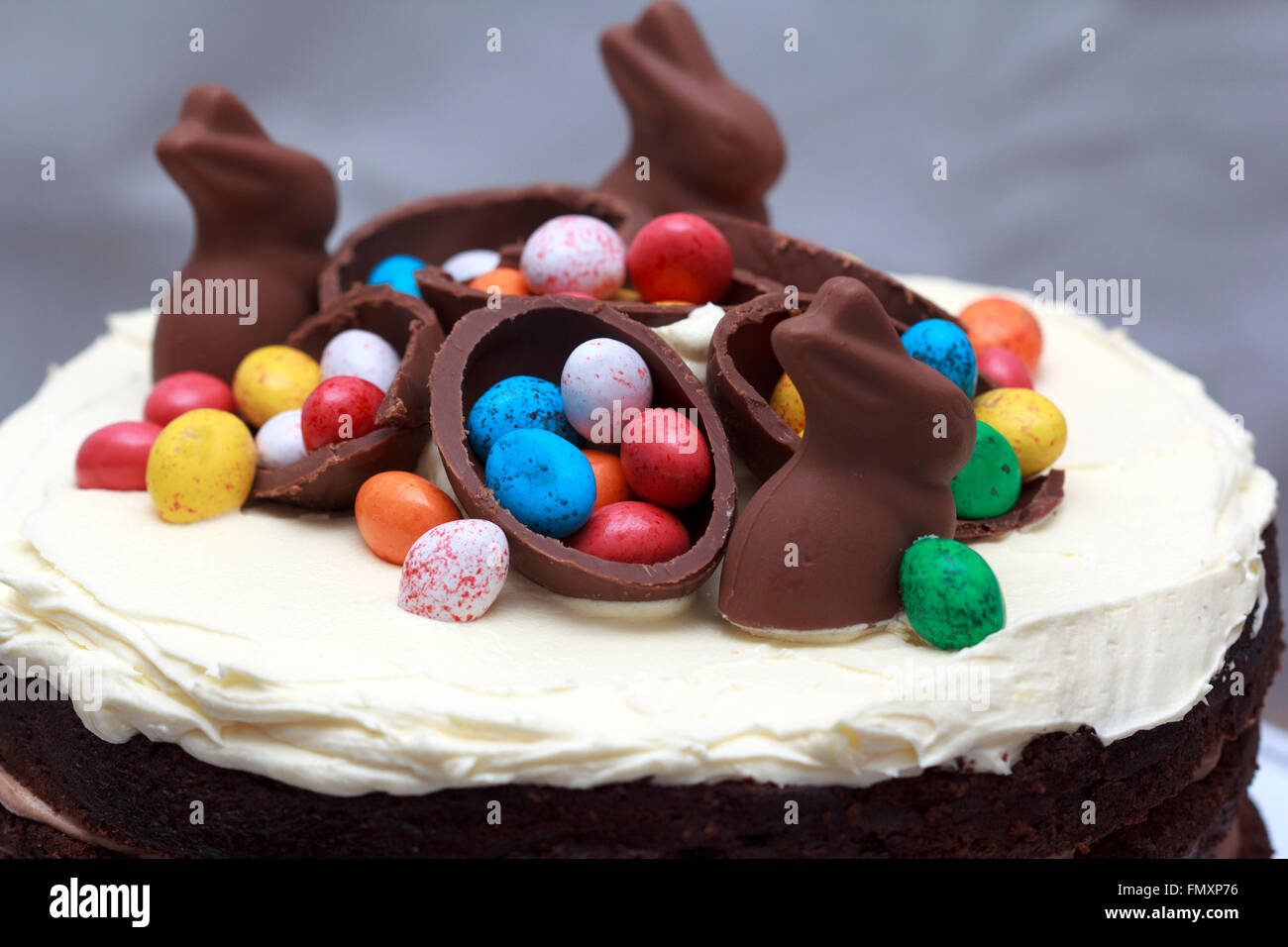 Triple Chocolate Nutella Easter Layer Cake, Easter decoration Stock Photo