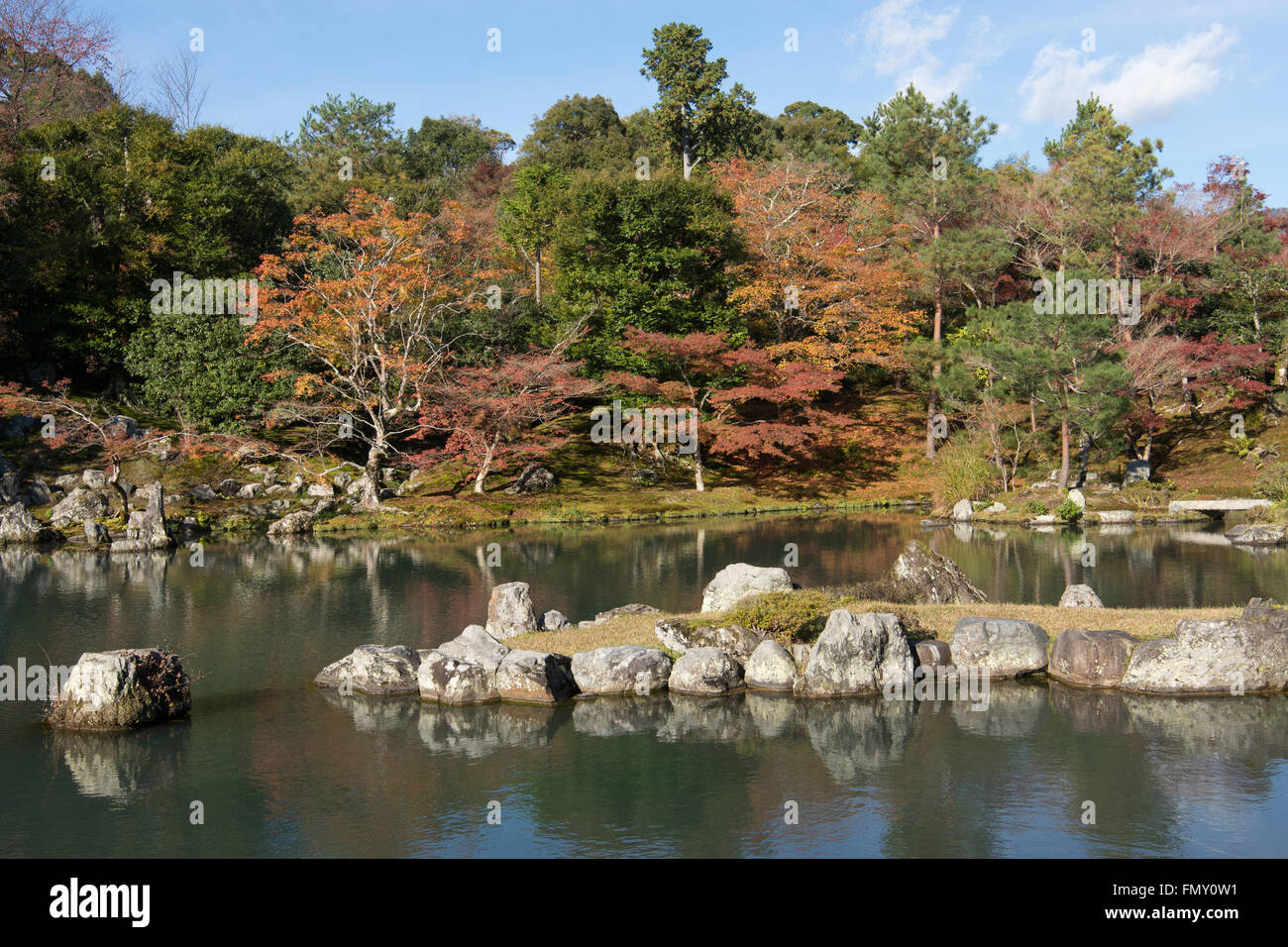 Japan, Kinki Region, Kyoto Prefecture, Kyoto City, Tenryu-ji Temple, Reflection of autumn trees on sogen pond. Stock Photo
