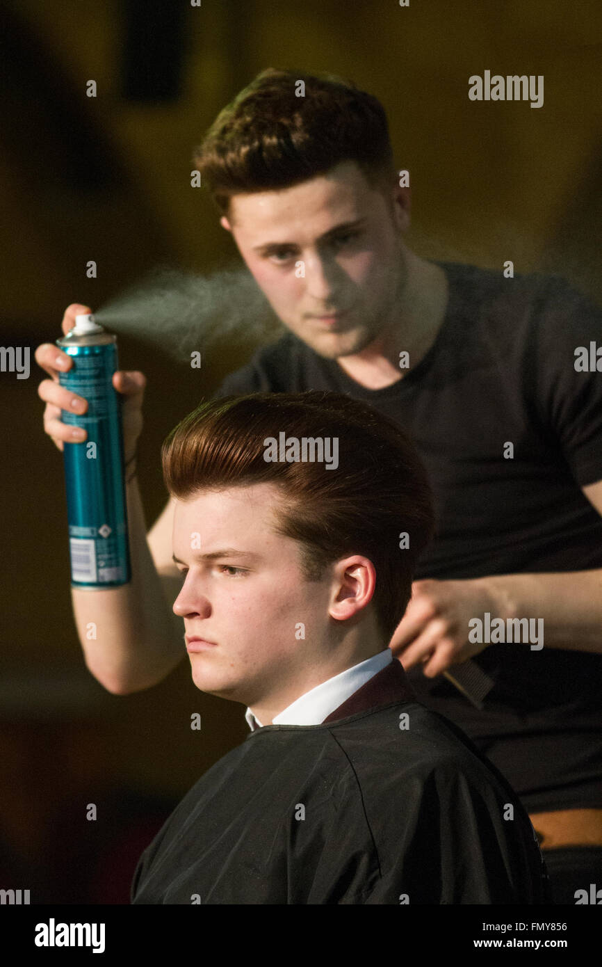 Men's hair saloon in Blackpool 13th March, 2016. Wintergardens Hairdressing Competitions. Hair & Beauty NW is the North West's longest running major hair and beauty event, a venue for exciting competitions held by the National Hair Federation (N.H.F). The National Hairdressers' Federation is a trade industry group representing hairdressing salon owners in the United Kingdom. Stock Photo
