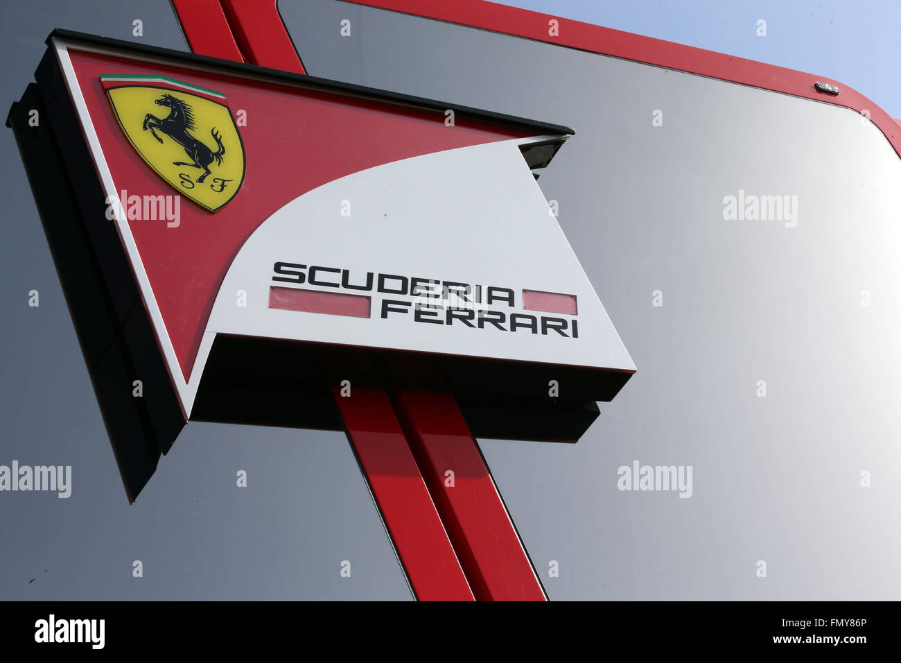 The motorhome of Ferrari seen during the training session for the upcoming Formula One season at the Circuit de Barcelona - Catalunya in Barcelona, Spain, 23 February 2016. Photo: Jens Buettner/dpa Stock Photo