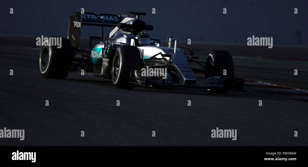 German Formula One driver Nico Rosberg of Mercedes AMG steers his car during the training session for the upcoming Formula One season at the Circuit de Barcelona - Catalunya in Barcelona, Spain, 23 February 2016. Photo: Jens Buettner/dpa Stock Photo
