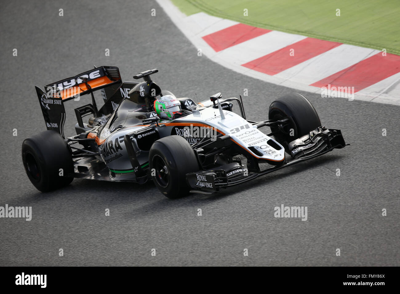Formula One testdriver Alfonso Celis of Force India steers the new car during a training session for the upcoming Formula One season at the Circuit de Barcelona - Catalunya in Barcelona, Spain, 22 February 2016. Photo: Jens Buettner/dpa Stock Photo
