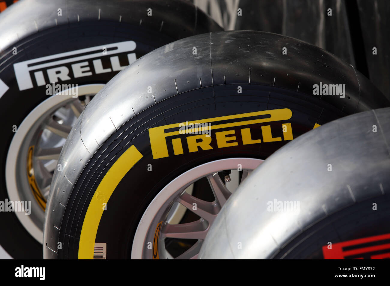 Racing tires from Pirelli seen during the training session for the upcoming Formula One season at the Circuit de Barcelona - Catalunya in Barcelona, Spain, 23 February 2016. Photo: Jens Buettner/dpa Stock Photo