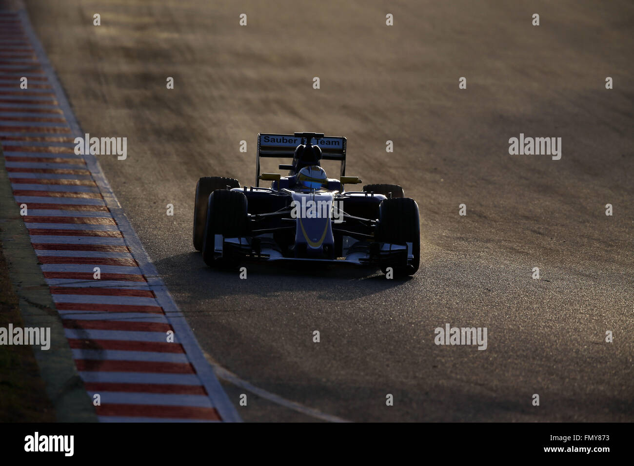 Swedish Formula One driver Marcus Ericsson of Sauber steers his car during the training session for the upcoming Formula One season at the Circuit de Barcelona - Catalunya in Barcelona, Spain, 23 February 2016. Photo: Jens Buettner/dpa Stock Photo