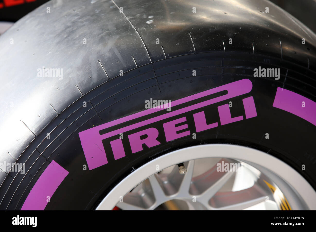Racing tires from Pirelli seen during the training session for the upcoming Formula One season at the Circuit de Barcelona - Catalunya in Barcelona, Spain, 23 February 2016. Photo: Jens Buettner/dpa Stock Photo