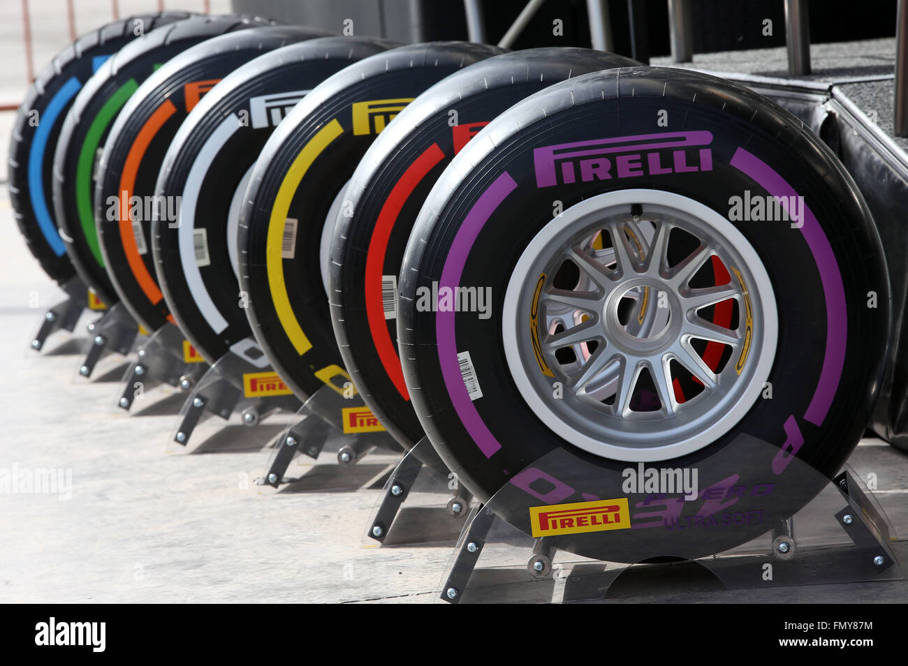 Racing tires from Pirelli seen during the training session for the upcoming Formula One season at the Circuit de Barcelona - Catalunya in Barcelona, Spain, 23 February 2016. Photo: Jens Buettner/dpa Stock Photo