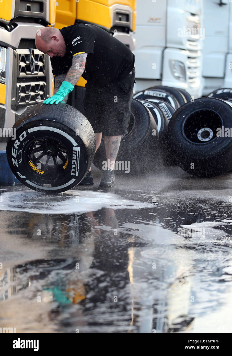 Racing tires from Pirelli seen during the training session for the upcoming Formula One season at the Circuit de Barcelona - Catalunya in Barcelona, Spain, 24 February 2016. Photo: Jens Buettner/dpa Stock Photo
