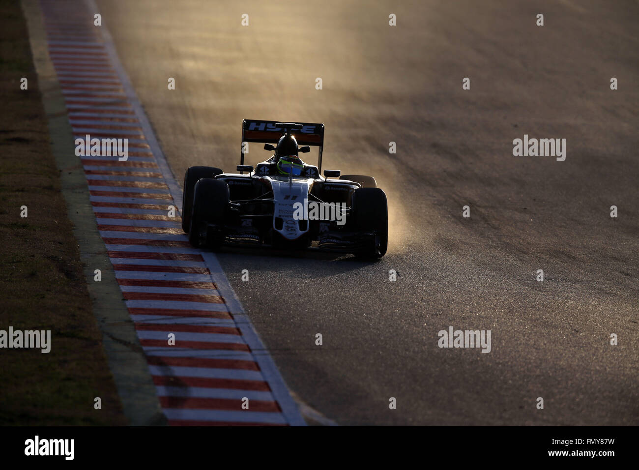 Mexican Formula One driver Sergio Perez of Force India steers his car during the training session for the upcoming Formula One season at the Circuit de Barcelona - Catalunya in Barcelona, Spain, 23 February 2016. Photo: Jens Buettner/dpa Stock Photo