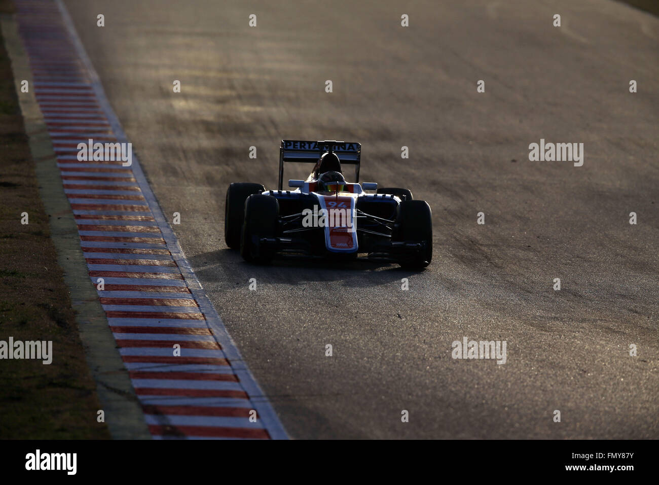 German Formula One driver Pascal Wehrlein of Manor Racing steers his car during the training session for the upcoming Formula One season at the Circuit de Barcelona - Catalunya in Barcelona, Spain, 23 February 2016. Photo: Jens Buettner/dpa Stock Photo
