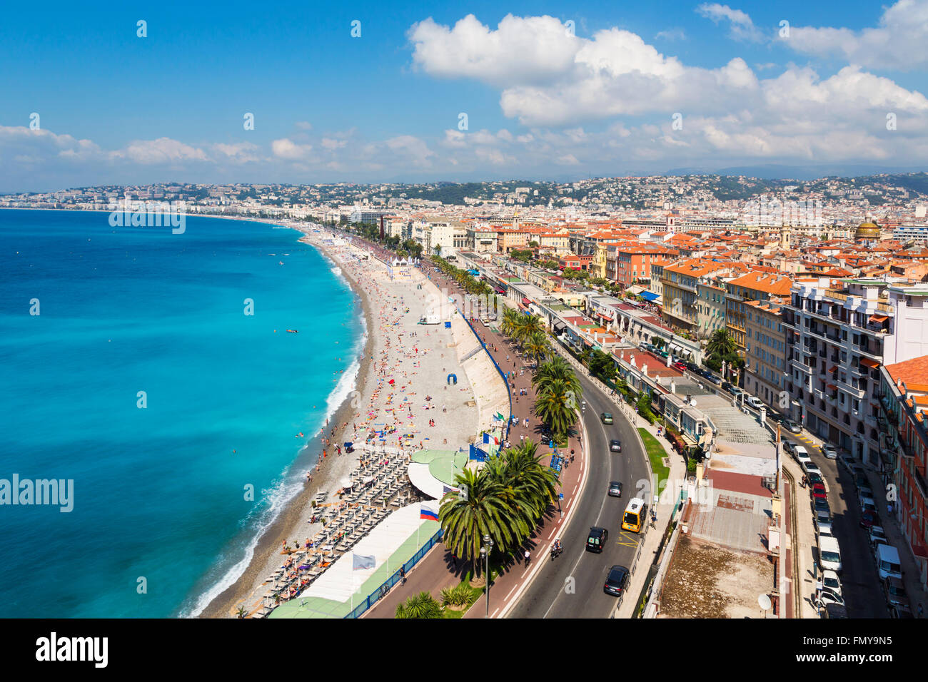 Nice, French Riviera, Cote d'Azur, France.  Beach & Promenade des Anglais seen from Parc de la Colline du Chateau or Castle Hill Stock Photo