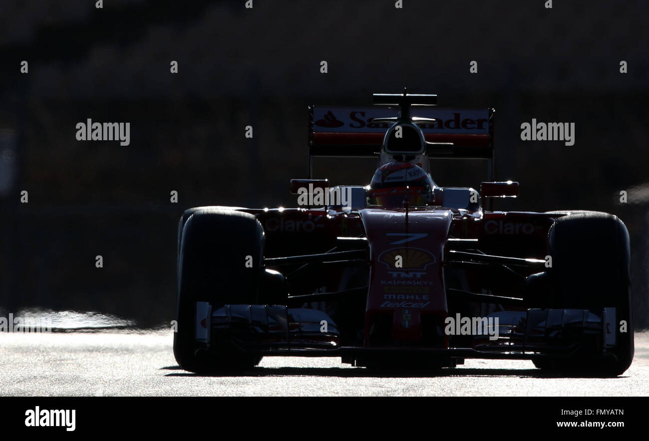 Finnish Formula One driver Kimi Raikkonnen of Ferrari steers his car during the training session for the upcoming Formula One season at the Circuit de Barcelona - Catalunya in Barcelona, Spain, 24 February 2016. Photo: Jens Buettner/dpa Stock Photo