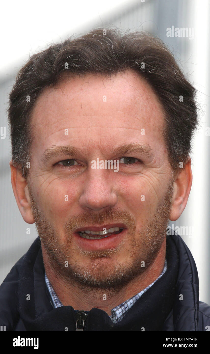 The team principal of Red Bull, British Christian Horner, seen during a training session for the upcoming Formula One season at the Circuit de Barcelona - Catalunya in Barcelona, Spain, 22 February 2016. Photo: Jens Buettner/dpa Stock Photo