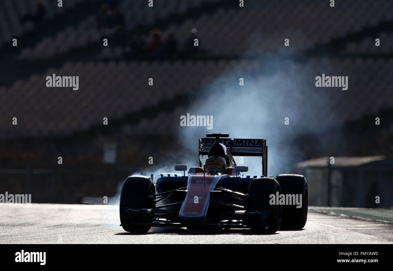 Indonesian Formula One driver Rio Haryanto of Manor Racing steers his car during the training session for the upcoming Formula One season at the Circuit de Barcelona - Catalunya in Barcelona, Spain, 24 February 2016. Photo: Jens Buettner/dpa Stock Photo