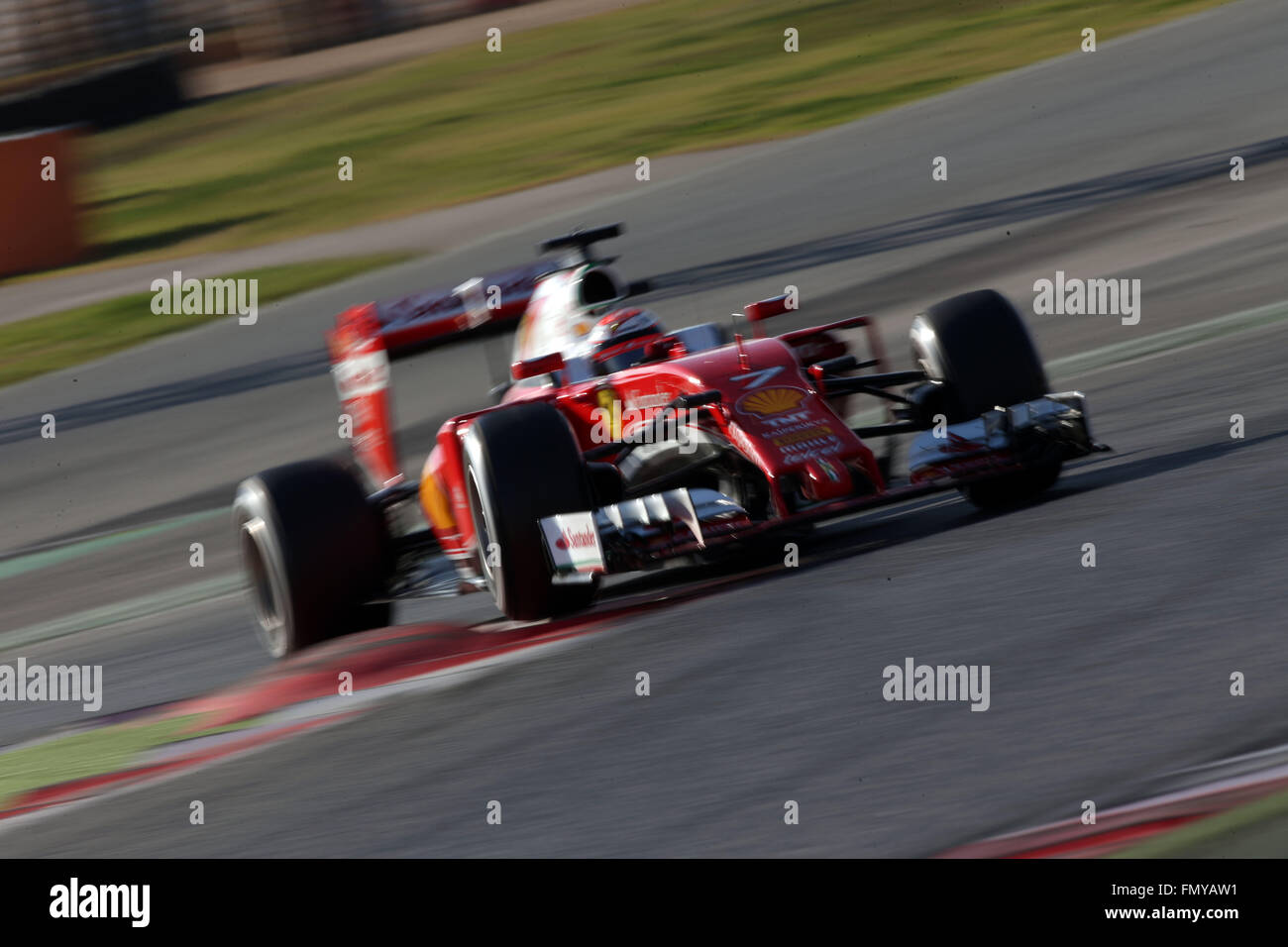 Finnish Formula One driver Kimi Raikkonnen of Ferrari steers his car during the training session for the upcoming Formula One season at the Circuit de Barcelona - Catalunya in Barcelona, Spain, 24 February 2016. Photo: Jens Buettner/dpa Stock Photo